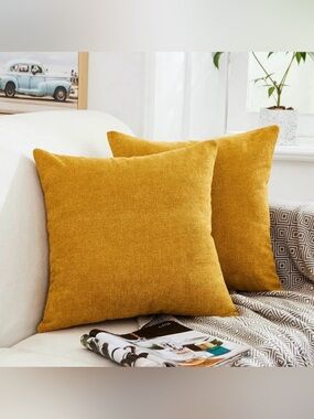 Mustard Yellow/Gold Accent Throw Pillow Cover Pair- Soft Chenille